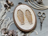 Image 1 of Double Skeleton in Beaded Coffins 4x5½" Embroidery Hoop White & Gold