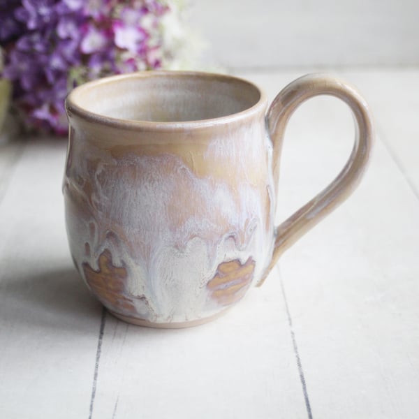 Image of Rustic White and Ocher Stoneware Mug with Dripping Glazes, 12 Ounce Coffee Cup, Made in USA