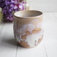 Image 4 of Rustic White and Ocher Stoneware Mug with Dripping Glazes, 12 Ounce Coffee Cup, Made in USA
