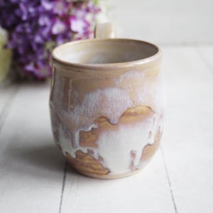 Image of Rustic White and Ocher Stoneware Mug with Dripping Glazes, 12 Ounce Coffee Cup, Made in USA