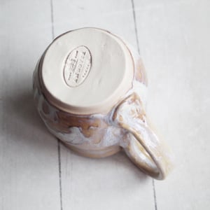 Image of Rustic White and Ocher Stoneware Mug with Dripping Glazes, 12 Ounce Coffee Cup, Made in USA