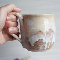 Image 7 of Rustic White and Ocher Stoneware Mug with Dripping Glazes, 12 Ounce Coffee Cup, Made in USA