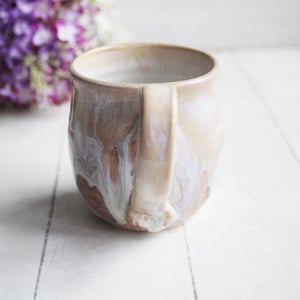 Image of Rustic White and Ocher Stoneware Mug with Dripping Glazes, 12 Ounce Coffee Cup, Made in USA
