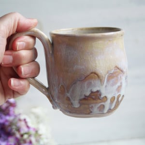 Image of Rustic White and Ocher Stoneware Mug with Dripping Glazes, 12 Ounce Coffee Cup, Made in USA