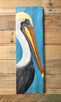 Image 1 of  Pelican Portrait on Vibrant Blue Wood Panel