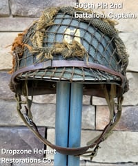 Image 11 of WWII M2 101st Airborne Helmet 506th PIR "E" Co. D-bale Front Seam Firestone-INLAND liner. Captain.