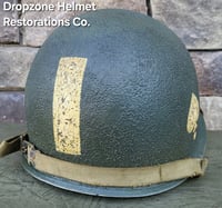 Image 8 of WWII M2 101st Airborne Helmet 506th PIR "E" Co. D-bale Front Seam Firestone-INLAND liner. Captain.