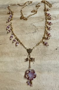 Image 3 of Hibiscus Flower Necklace with Gold Plated Chain Delicate Dangles and Dragonfly 33 inches