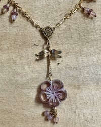 Image 4 of Hibiscus Flower Necklace with Gold Plated Chain Delicate Dangles and Dragonfly 33 inches