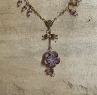 Image 2 of Hibiscus Flower Necklace with Gold Plated Chain Delicate Dangles and Dragonfly 33 inches