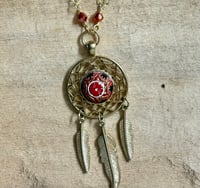 Image 2 of Southwestern Style Czech Glass Mandala Pendant Necklace Handmade Chain with Red Crystals