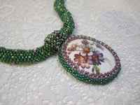 Image 1 of Bouquet of Posies Beadwoven Necklace Vintage Glass Floral Victorian Pendant Artisan Made Necklace