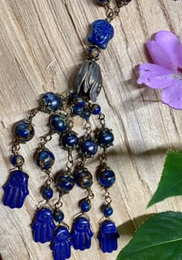 Image 2 of Meditate in Blue Necklace Antique Bronze Chain with Buddha and Hamsa Hands Tassel Pearls Agate N