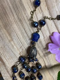 Image 4 of Meditate in Blue Necklace Antique Bronze Chain with Buddha and Hamsa Hands Tassel Pearls Agate N