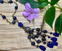 Image 1 of Meditate in Blue Necklace Antique Bronze Chain with Buddha and Hamsa Hands Tassel Pearls Agate N
