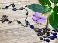 Image 3 of Meditate in Blue Necklace Antique Bronze Chain with Buddha and Hamsa Hands Tassel Pearls Agate N