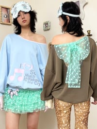 Image 1 of Off-Shoulder Mesh Bow Sweatshirt