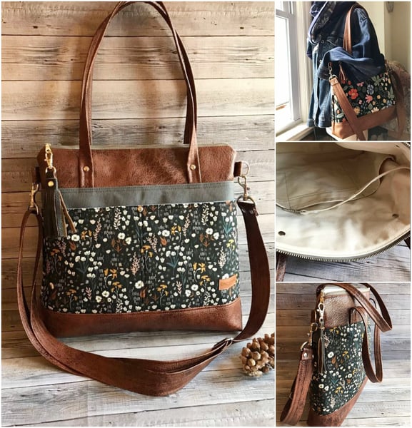 Image of  Cotton & Steel Meadow twilight Handbag crossbody purse black grey brown vegan leather canvas 