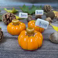 Image 1 of Handmade Ceramic Orange "boo" Pumpkins