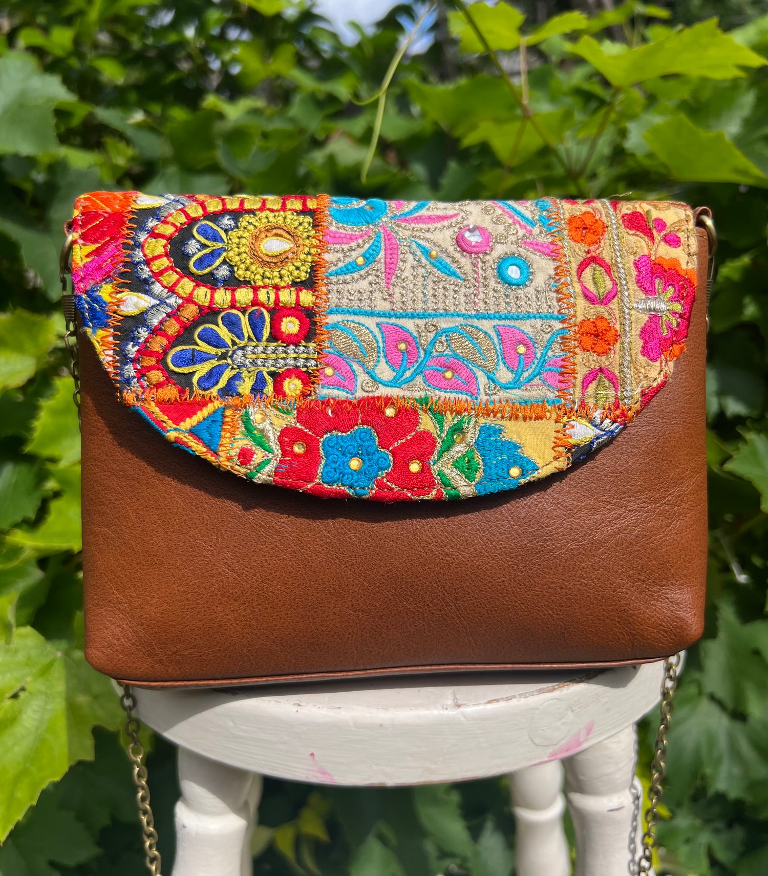 Image of Harlequin Collection - Recycled Leather/Embroidered Bag -#2A