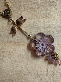 Image 1 of Hibiscus Flower Necklace with Gold Plated Chain Delicate Dangles and Dragonfly 33 inches
