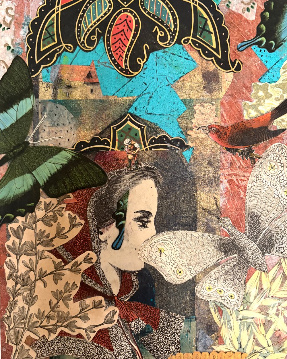 Image of Antique Paper COLLAGE on Wood THERE ARE NO WORDS Moth Woman Lovely 8" x 10"