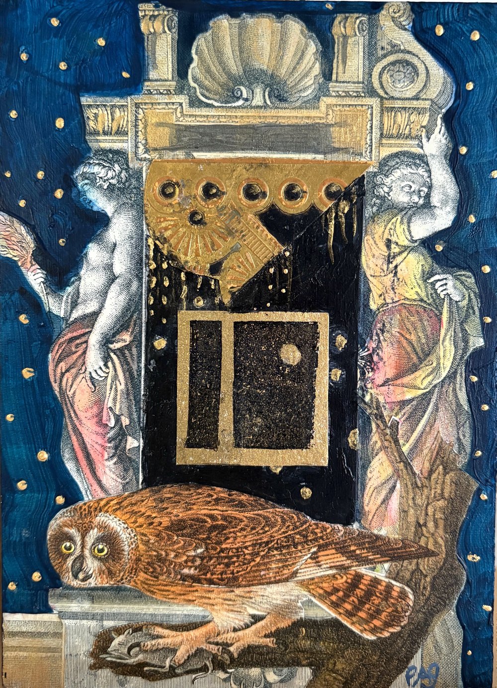 Image of Antique Paper Collage and Acrylic on Cradled Wood - OWLS: The Midnight Hour 5" x 7"