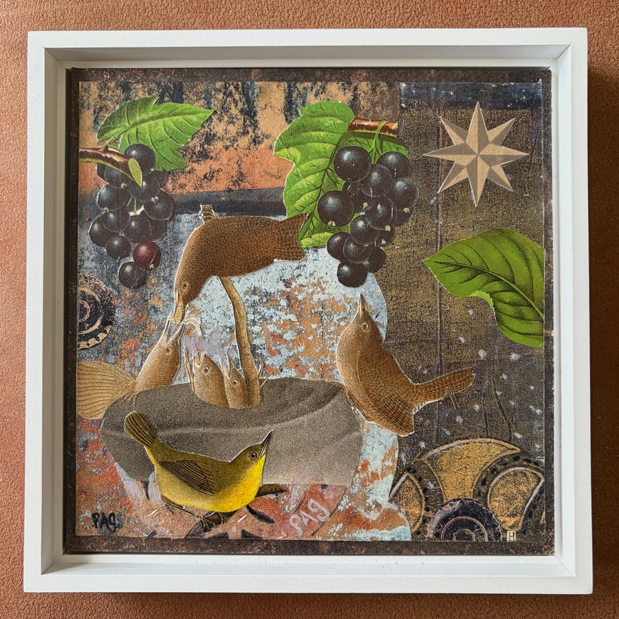Image of Collage of Antique and Hand Printed Paper on Wood FRAMED Wren Bird 8" x 8"