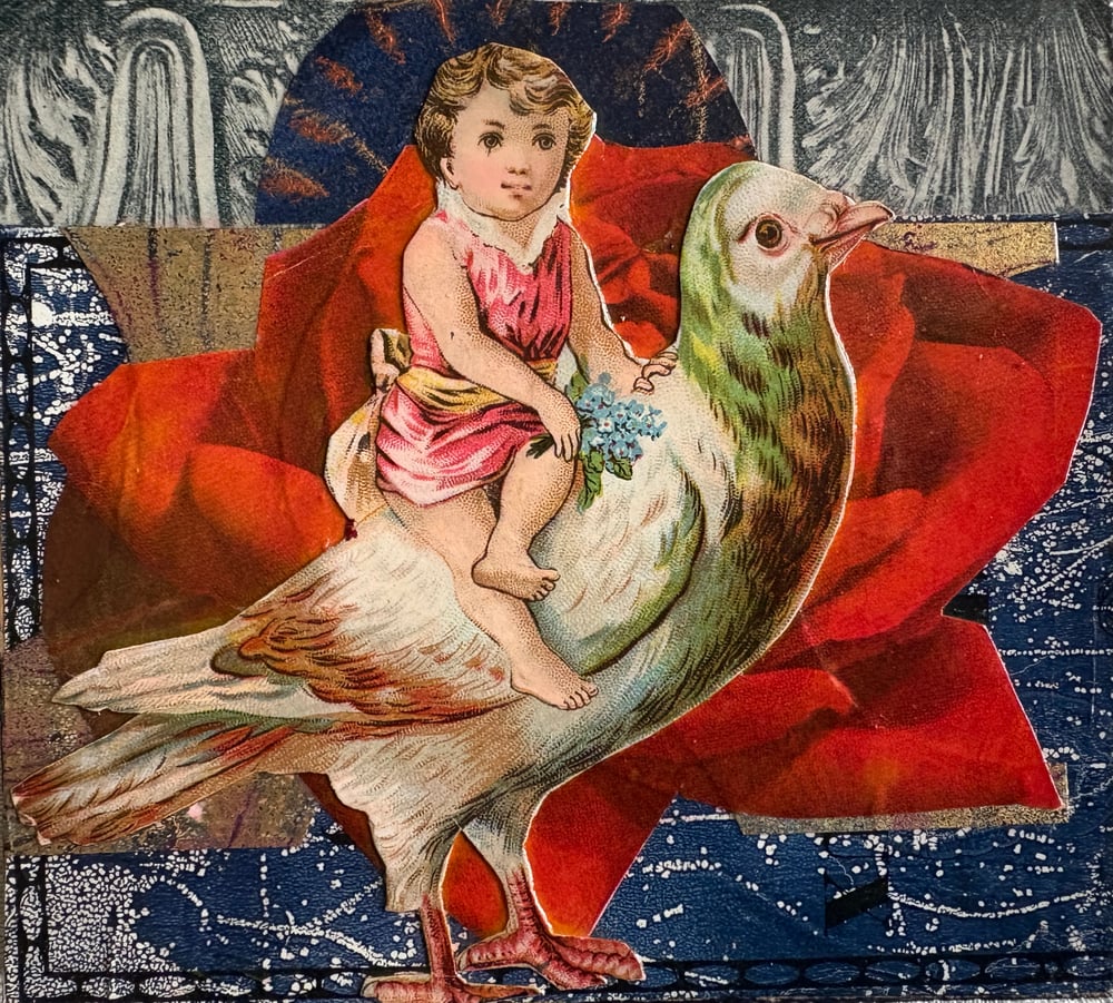 Image of Tiny Collage of Antique and Hand Printed Paper on Wood GIRL ON DOVE PIDGEON 4.5 " x 5"