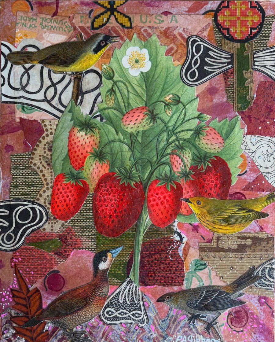 Image of Collage of Antique & Hand Painted/Printed Paper on Wood: Why I Don't Have Strawberries 8" x 10"