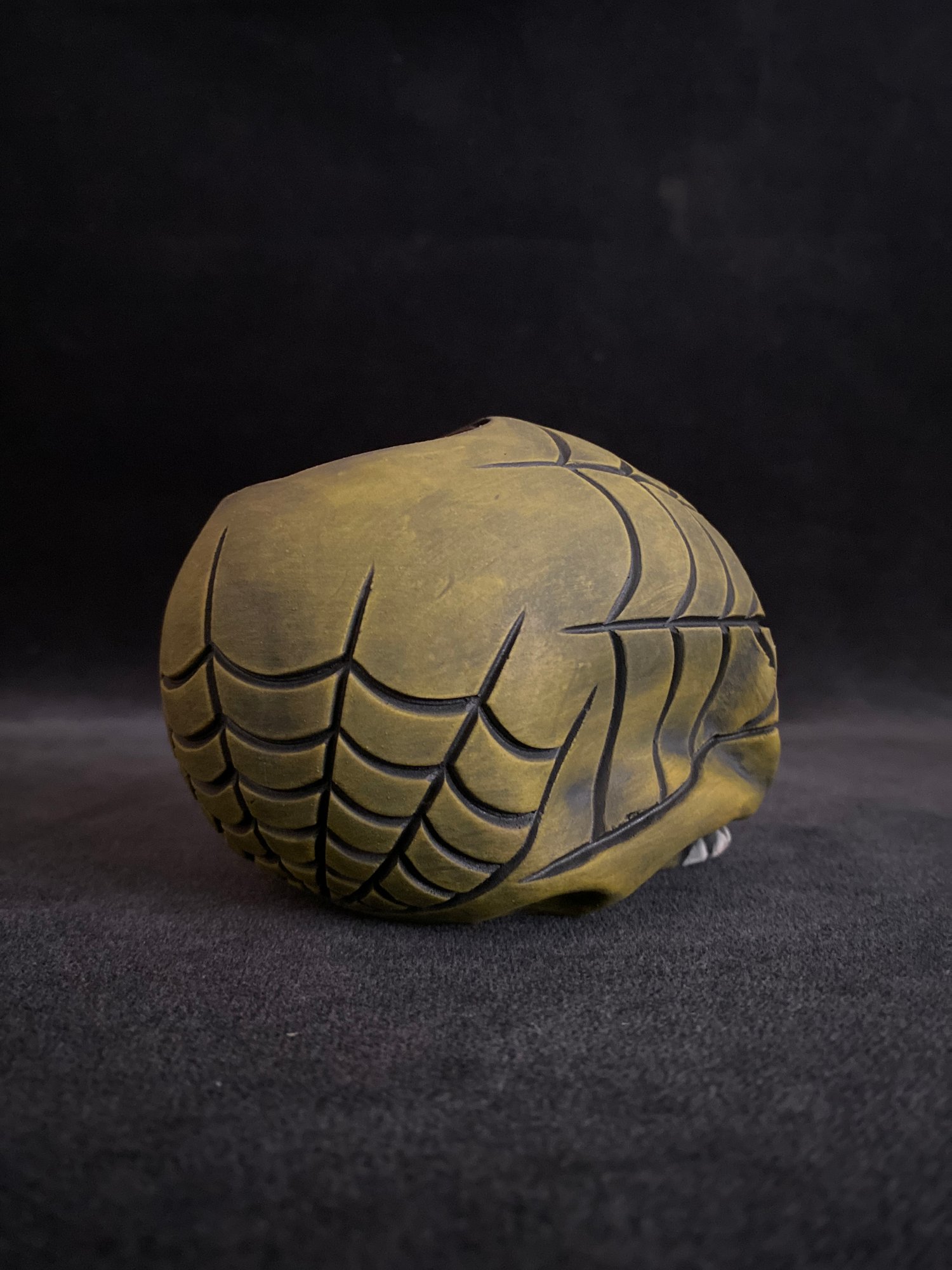 Image of Yellow Mini Halloween Skull Mug with Carved Spiderwebs