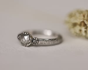 Image of *SALE was £2750* Platinum, pale grey diamond Trilogy ring with horn texture band (LON256)