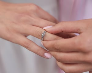 Image of *SALE was £2750* Platinum, pale grey diamond Trilogy ring with horn texture band (LON256)