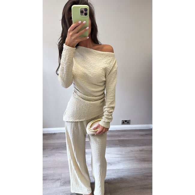 Cream Crinkle Ruched Off The Shoulder Co Ord 