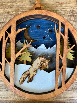 Image of Layered Wood Nature Scenes - Jumping Winter Fox