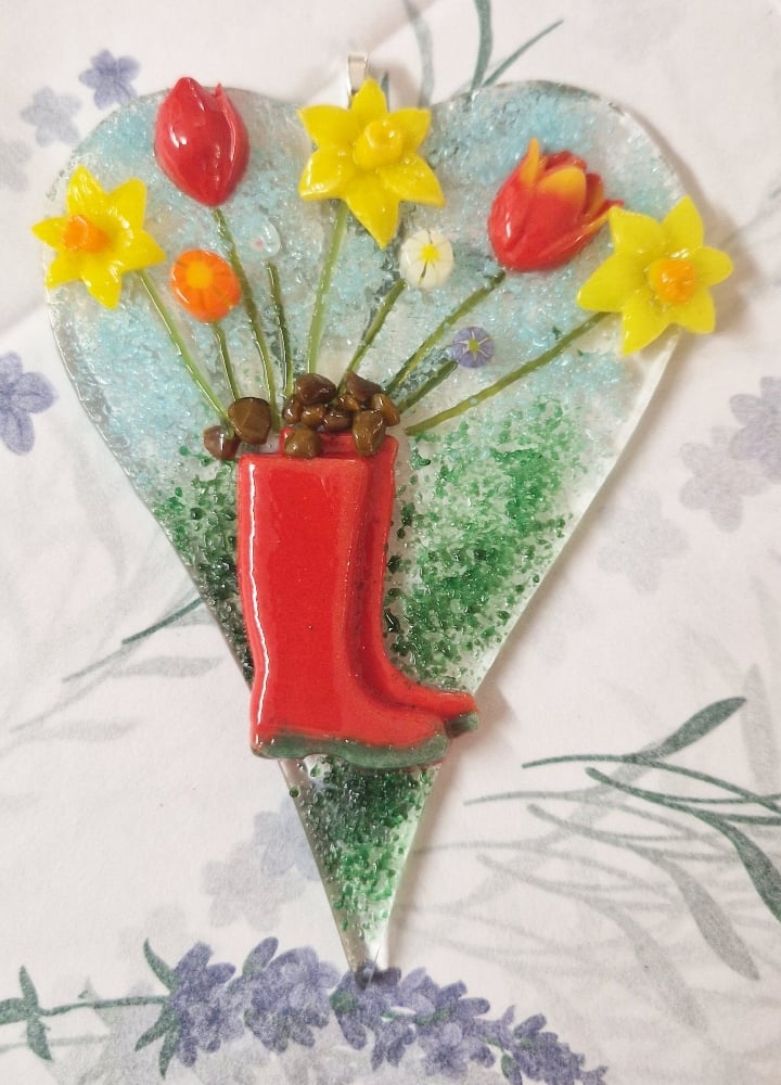 Image of Fused Glass Wellie & Mixed Flowers heart