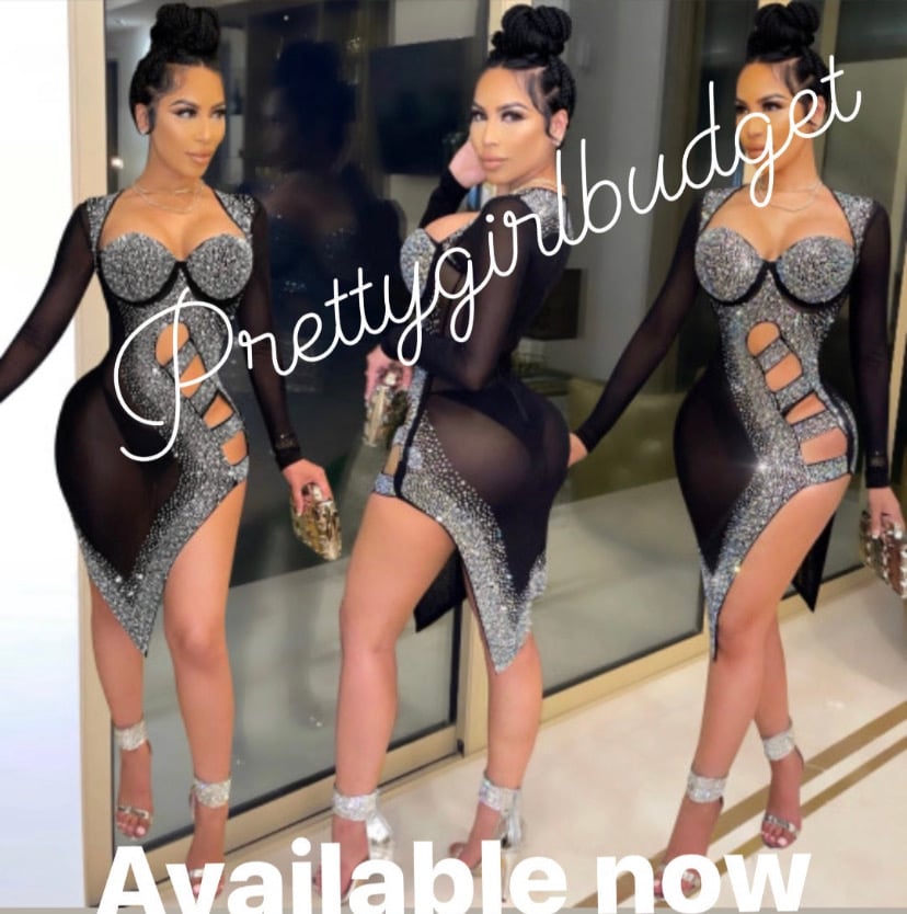 Image of Sexy Mesh Hot Drilling Hollow Split Night Club Dress (With Underpants)