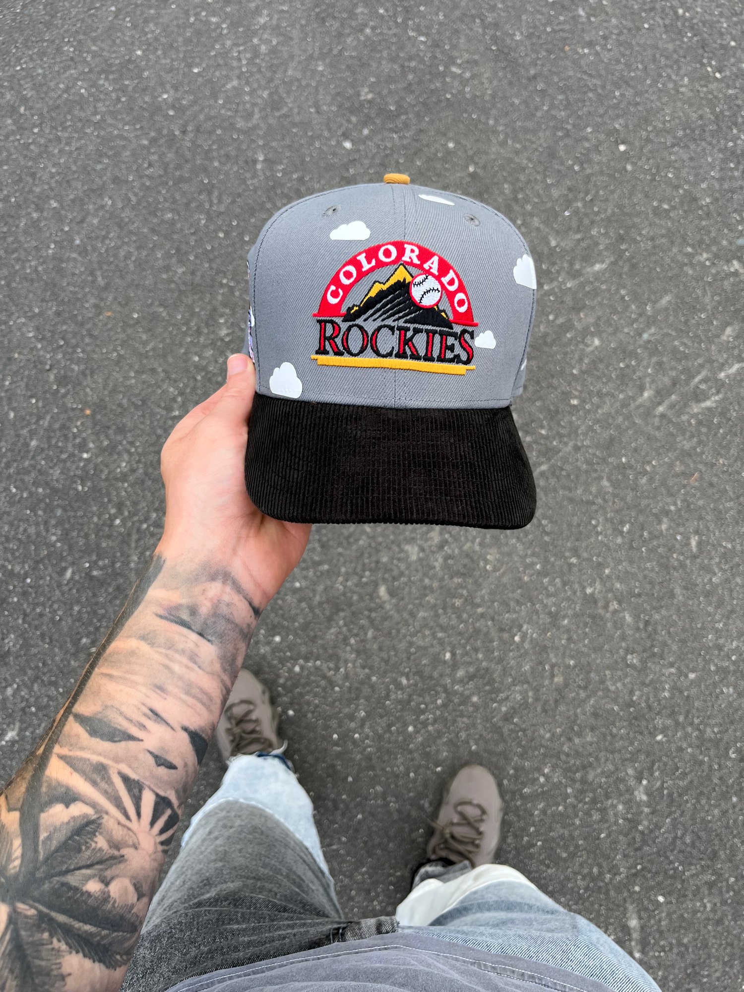 Image of BURNT YELLOW BRIM MULTI TONE PARTLY CLOUDY ROCKIES CUSTOM FITTED CAP