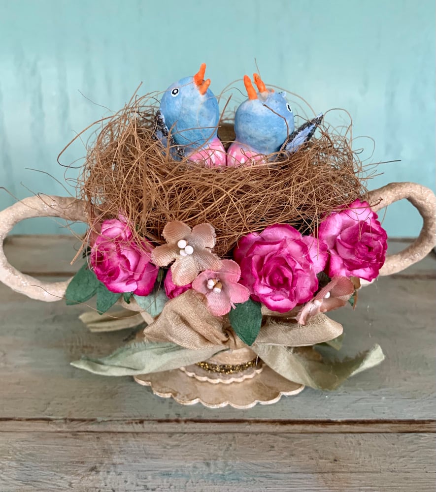 Image of Spun Cotton Birds in Floral Nest