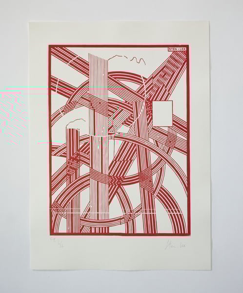 Image of STEN • LEX, PAESAGGIO INDUSTRIALE XXXII, LINOCUT, COLOR PROOF RED, EDITION of 12.