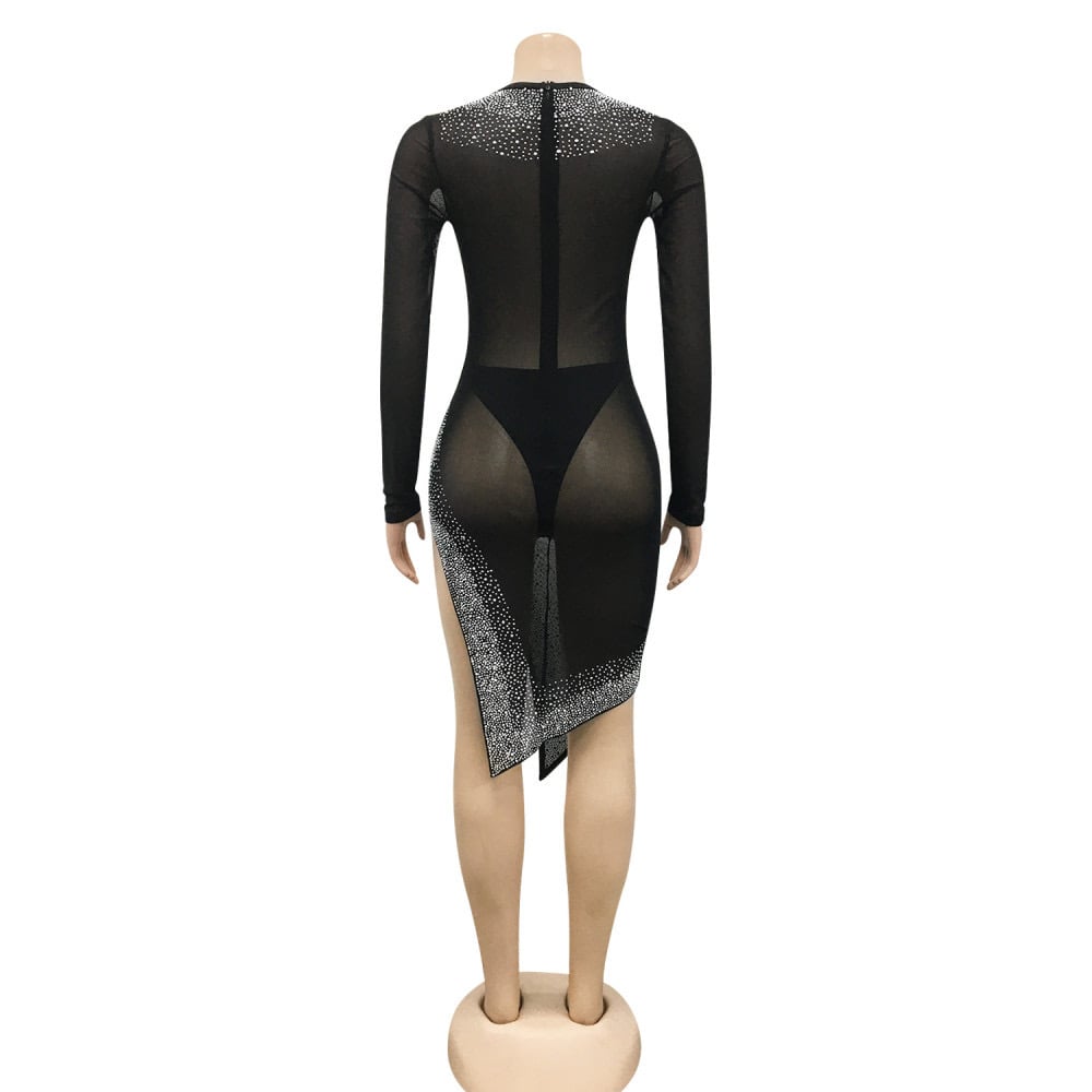 Image of Sexy Mesh Hot Drilling Hollow Split Night Club Dress (With Underpants) 