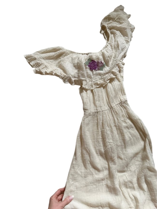 early 70s lightweight gauze off shoulder dress with floral detail 