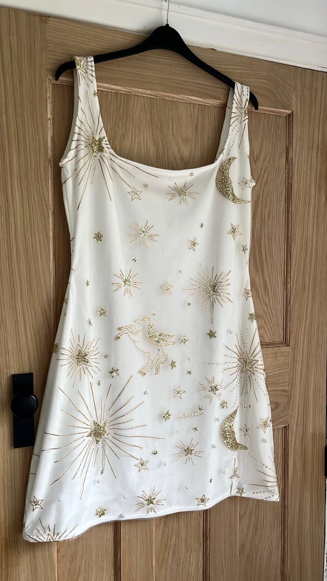 handmade sparkly horse, star, sun and moon sparkly details tulle and ivory velvet dress