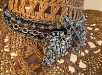 Image 4 of Brown Open Weave Cowboy Hat Layered Silver Chain and Crystal Band