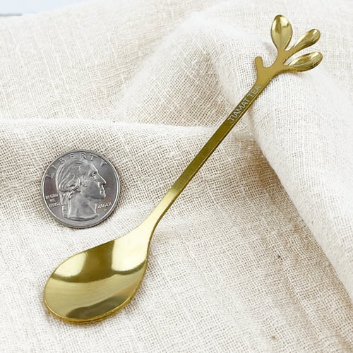 Image of Stainless steel vintage teaspoon gold golden leaf tree branch coffee tea dessert spoon small tiny