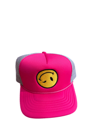 Hot pink and grey big face trucker 