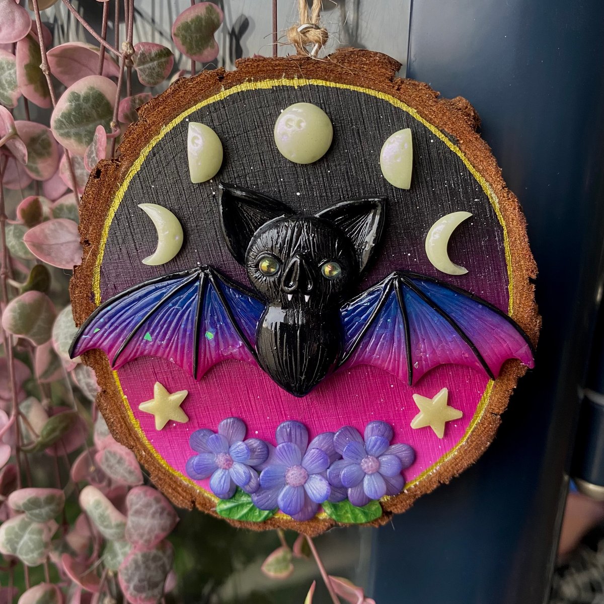 Hanging Opal Bat Wood Sculpture
