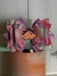 Image 7 of Warm Serene Brushstrokes Dinosaur Tumbler Accessory Set | Bow, Straw Bauble & Bracelets