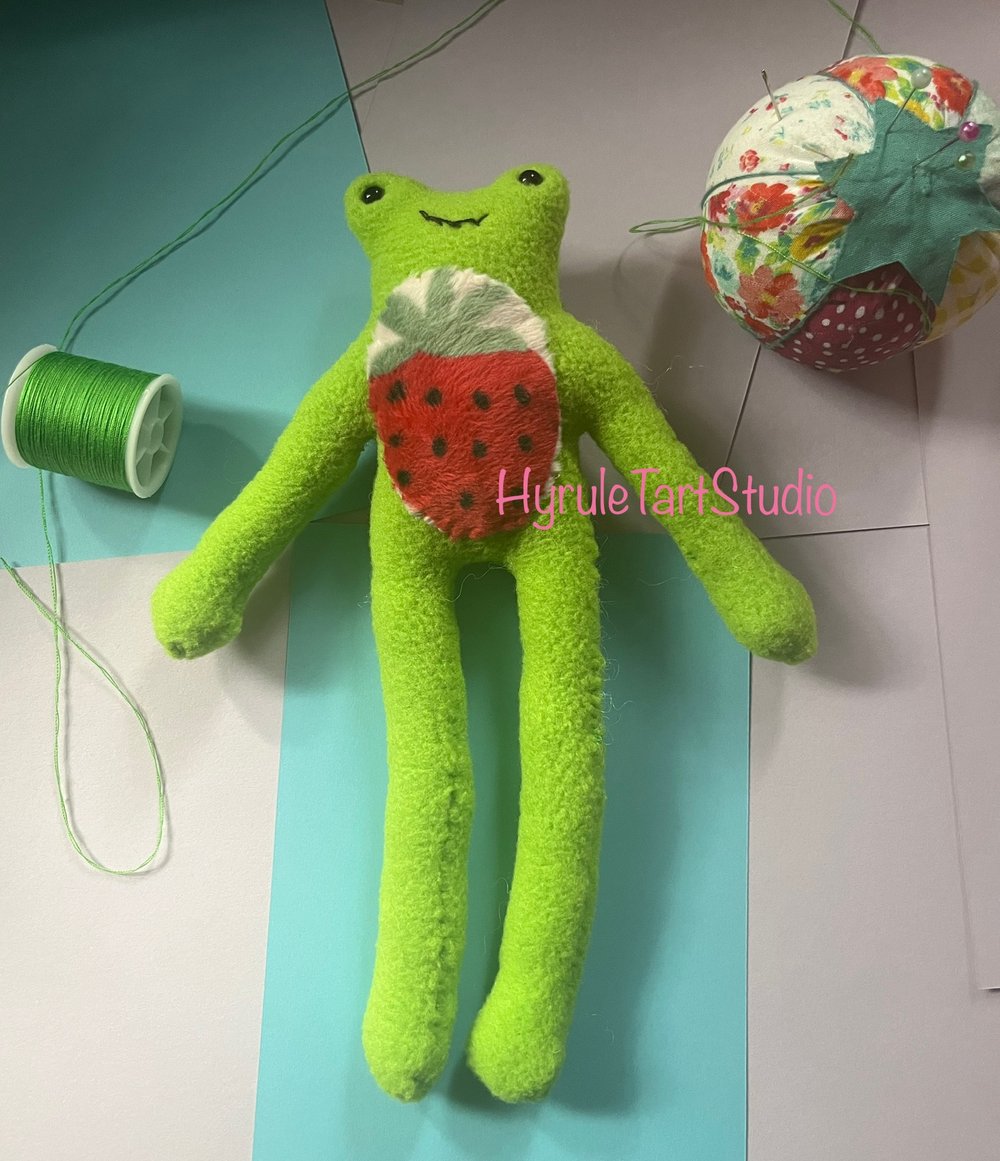 Handmade Green Frog - long leg strawberry - Plushie