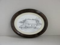 Image 1 of Vintage Original Pencil Drawing of Country Barn, Unsigned, Oval Frame 11 2/10 x 8 7/10 ins